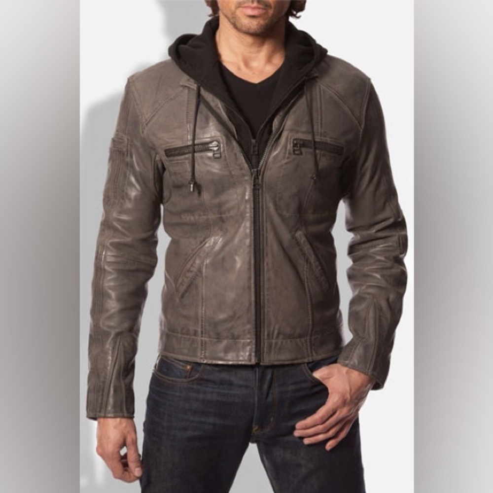 7 Diamonds Men's Gray Leather Hooded Bomber Jacket